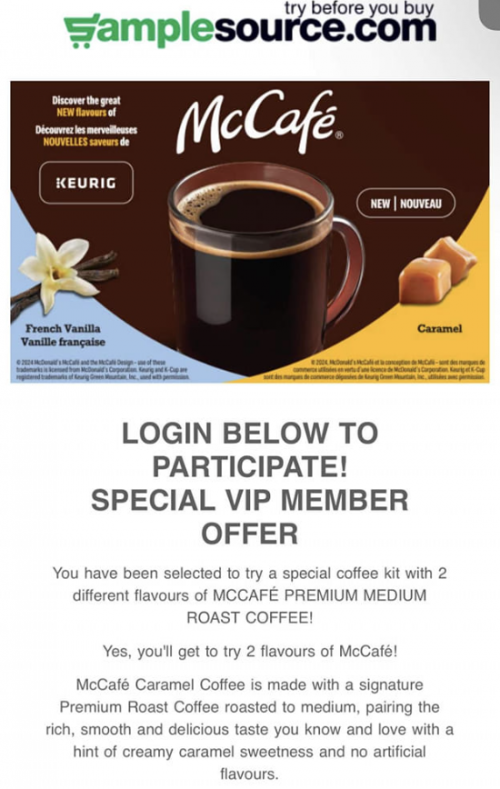 SampleSource Canada VIP Member Offer: Get A Free Sample of McCafe Coffee