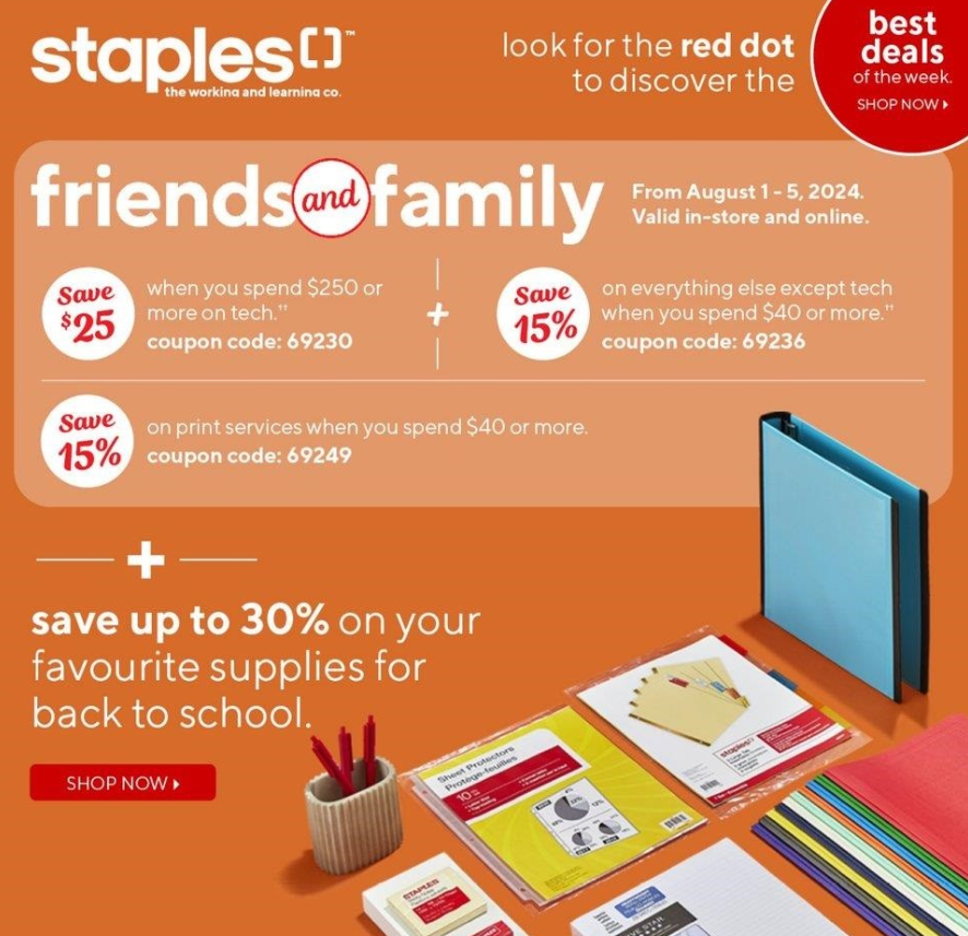 Staples Canada Friends Family Savings Promo Codes August 1st 5th Canadian Freebies Coupons Deals Bargains Flyers Contests Canada Canadian Freebies Coupons Deals Bargains Flyers Contests Canada