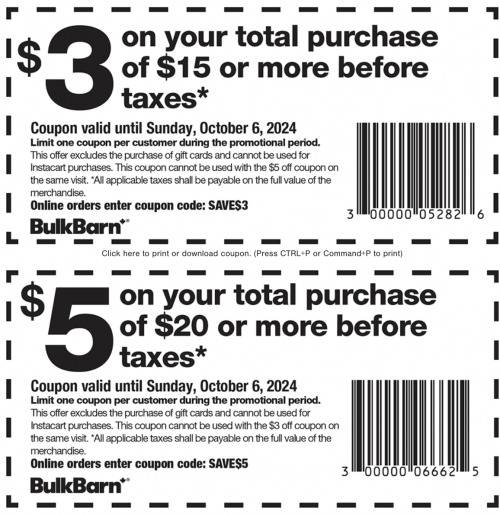 Bulk Barn Canada Coupons and Flyer Deals: Save $3 to $5 Off Your Purchase with Coupons + 25% off Select Items