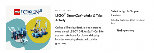 Indigo Chapters Canada: Free LEGO DreamZzz Make & Take Activity September 28th