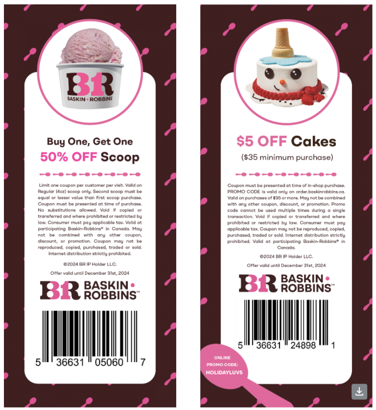 Baskin Robbins Canada New Coupons BOGO 50 Off Scoops + 5 off Cake
