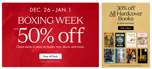 Indigo Chapters Canada Boxing Week Deals 2024: Save 50% off Book Door Crashers, up to 50% Off Toys, Games & Puzzles, 70% Off Lifestyle & Gifts Deals & Clearance + More