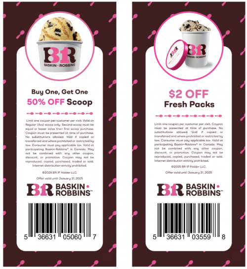 Baskin Robbins Canada New Coupons: BOGO 50% Off Scoops + $2 off Fresh Pack