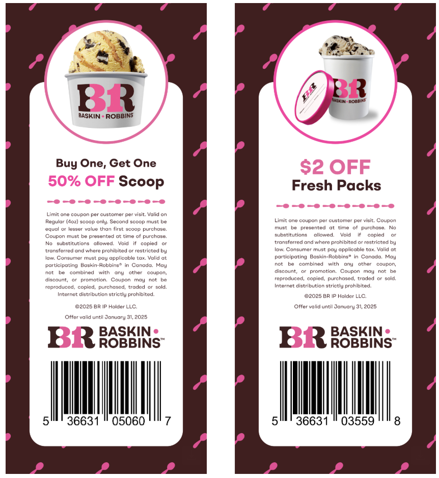 Baskin Robbins Canada New Coupons BOGO 50 Off Scoops + 2 off Fresh Pack Canadian Freebies