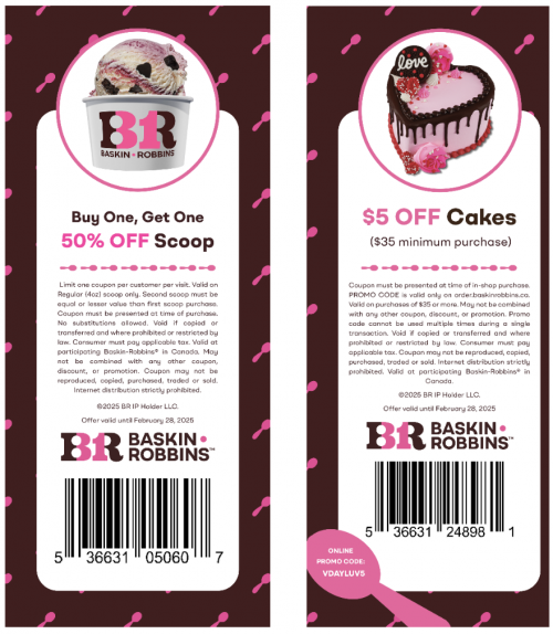 Baskin Robbins Canada New Coupons: BOGO 50% Off Scoops + $5 off Cake