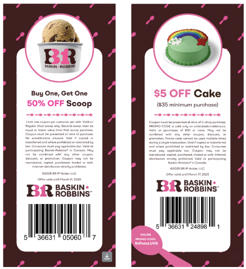 Baskin Robbins Canada New Coupons: BOGO 50% Off Scoops + $5 off Cake