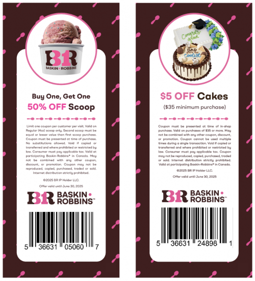 Baskin Robbins Canada New Coupons: BOGO 50% Off Scoops + $5 off Cake