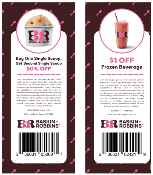 Baskin Robbins Canada New Coupons: BOGO 50% Off Scoops + $1 off Frozen Beverage
