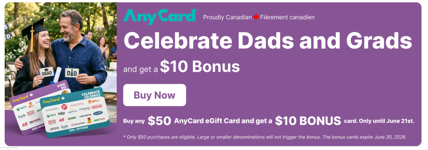 AnyCard Canada Father's Day Offer: Buy Any $50 AnyCard eGift Card and Get a $10 Bonus