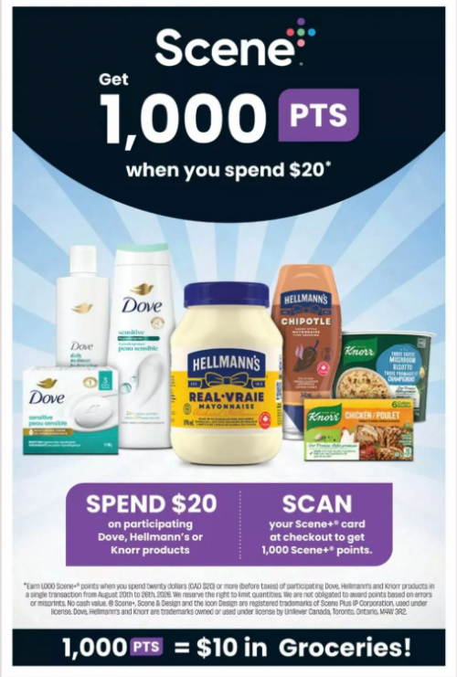 Freshco Ontario: Get 1,000 Scene+ Points When You Spend $20 on Dove, Hellmanns, or Knorr Products + Flyer Deals