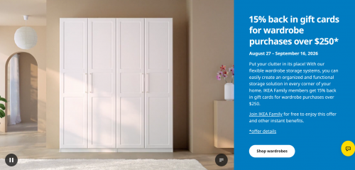 IKEA Canada: Get 15% Back in Gift Cards for Wardrobe Purchases Over $250 + More